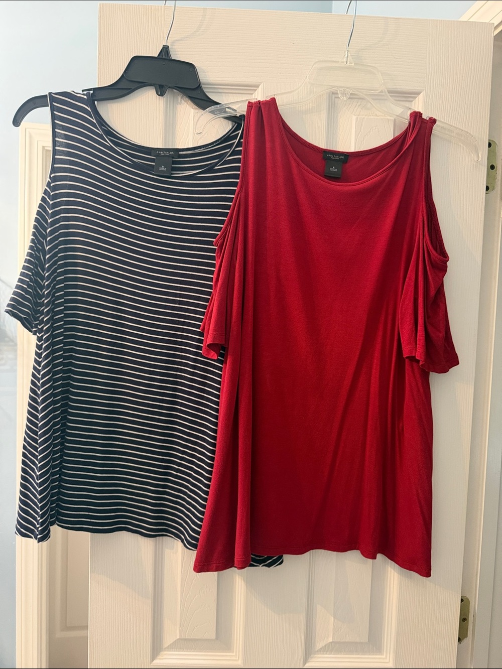 Ann Taylor Red Cold-Shoulder Top AND Navy & White Striped Tee Set